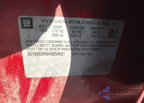 2017 Chevrolet Cruze Lt Auto from USA, damaged, VIN 3G1BE6SM9HS554521